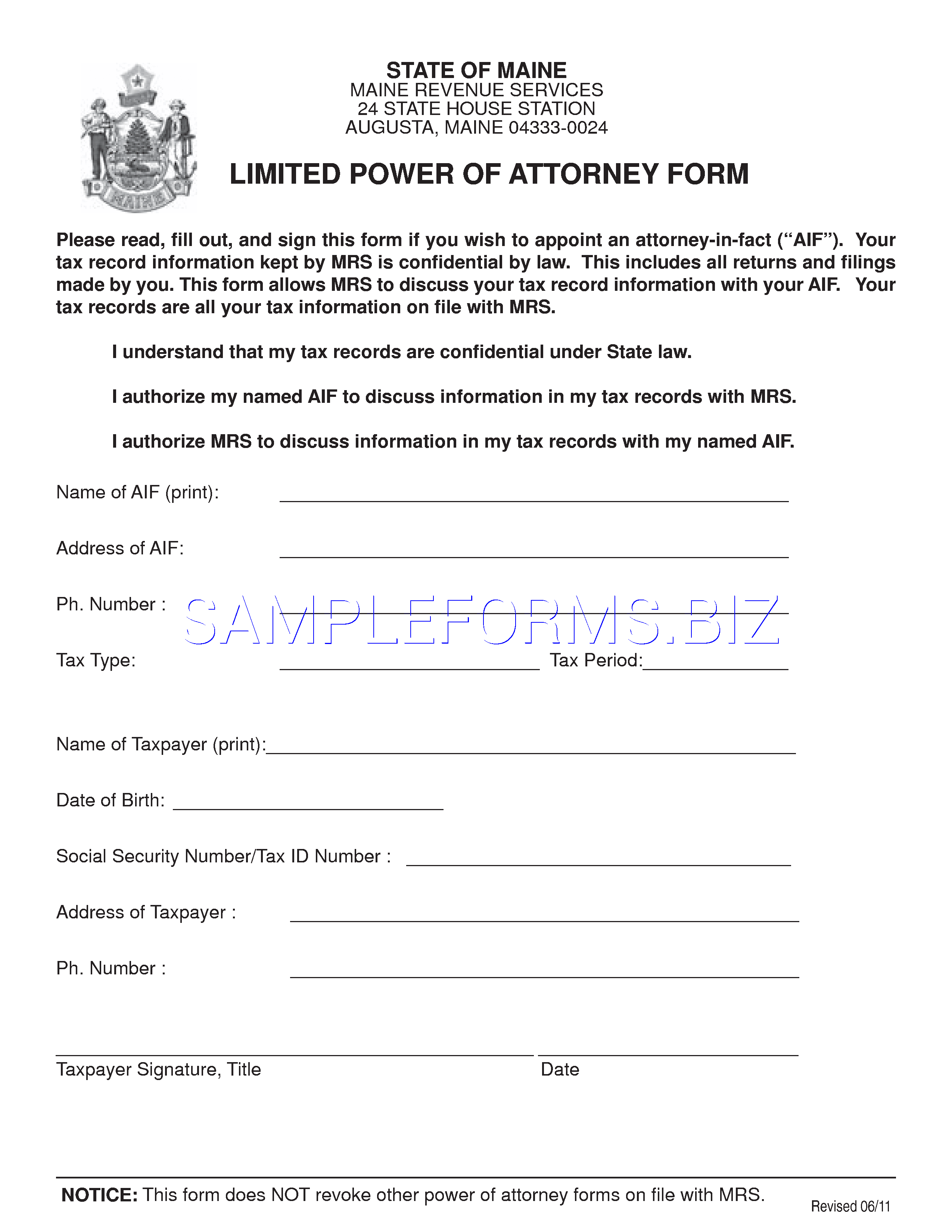 Preview free downloadable Maine Limited Power of Attorney Form in PDF (page 1)